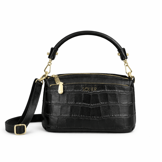 Small Leather Baguette Bag Solier FL60 Linette &ndash; Black
