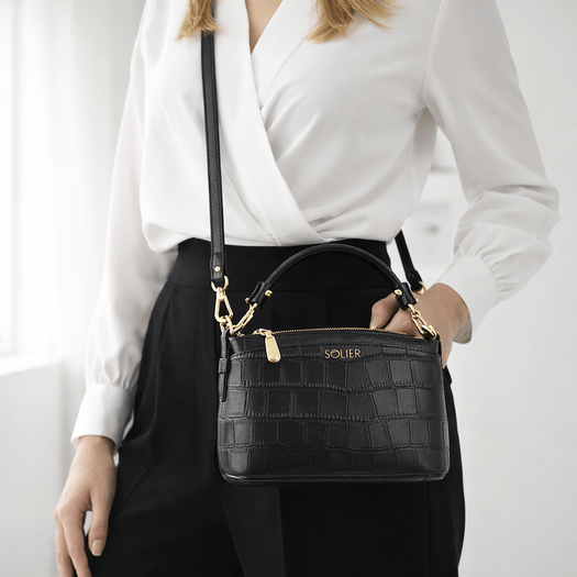 Small Leather Baguette Bag Solier FL60 Linette &ndash; Black 1