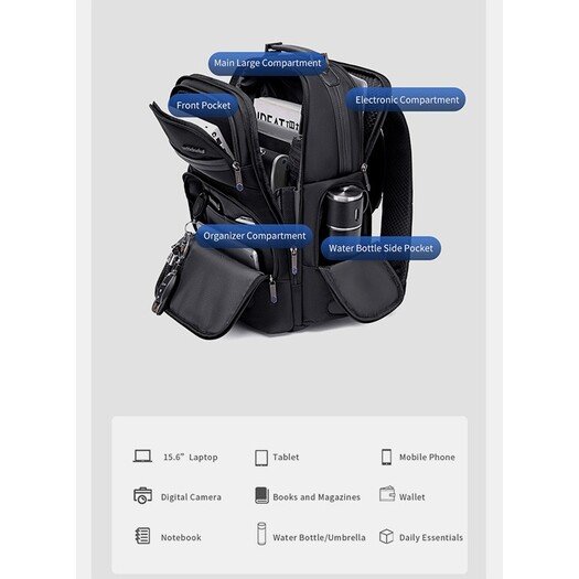Arctic Hunter B00443 Smart Business Travel BackPack With Three Compartments And USB Charging Port - Black