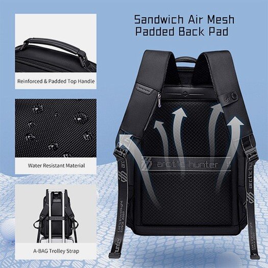 Arctic Hunter B00443 Smart Business Travel BackPack With Three Compartments And USB Charging Port - Black