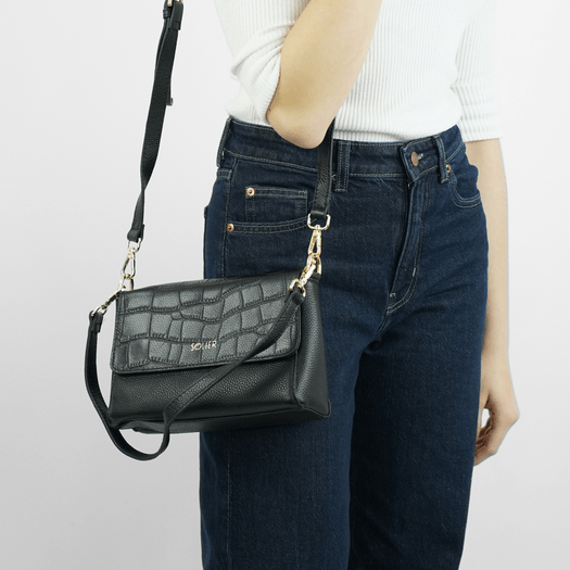 Leather Crossbody Bag with Double Strap Solier FL61 Livienne &ndash; Black 2