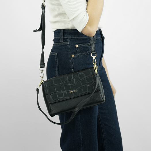 Leather Crossbody Bag with Double Strap Solier FL61 Livienne &ndash; Black 9