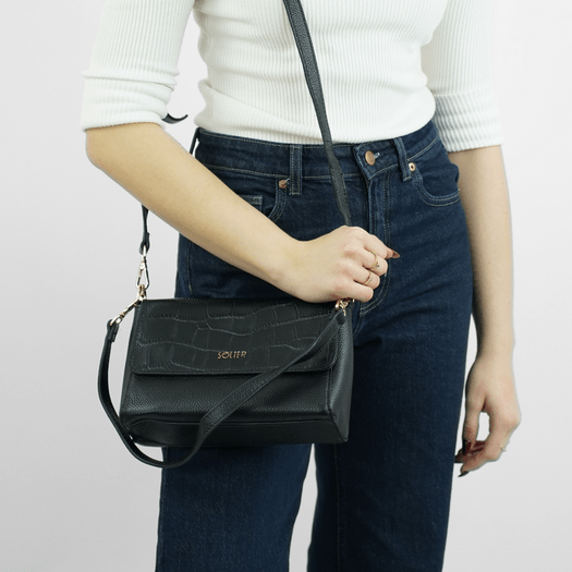Leather Crossbody Bag with Double Strap Solier FL61 Livienne &ndash; Black 1