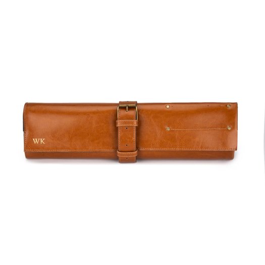 Personalised leather knife case Solier SA44 camel