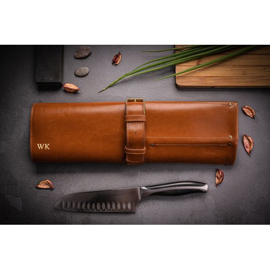 Personalised leather knife case Solier SA44 camel 1