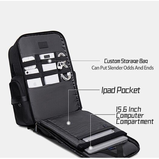 Arctic Hunter B00443 Smart Business Travel BackPack With Three Compartments And USB Charging Port - Black