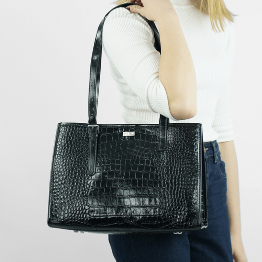 Leather Textured Shopper Shoulder Bag Solier FL55 Lune &ndash; Black 2