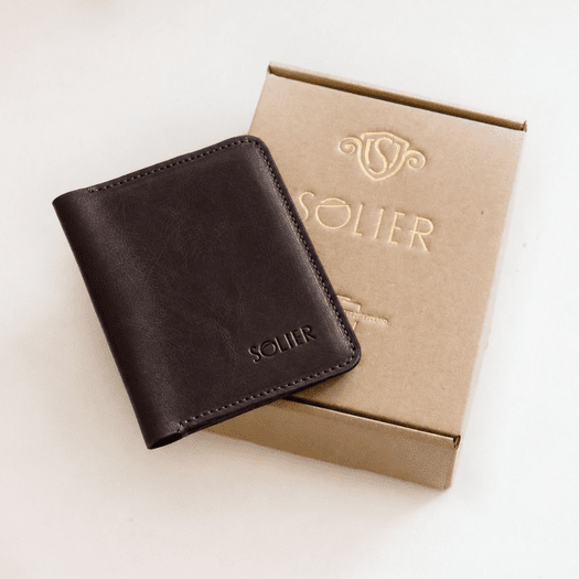 Slim leather men's wallet with coin holder SOLIER SW16 SLIM DARK BROWN