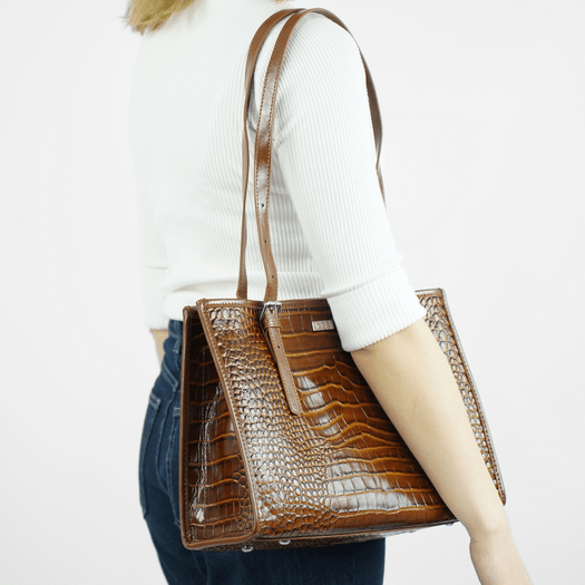 Leather Textured Shopper Shoulder Bag Solier FL55 Lune &ndash; Brown 2