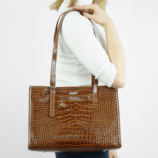 Leather Textured Shopper Shoulder Bag Solier FL55 Lune &ndash; Brown 1