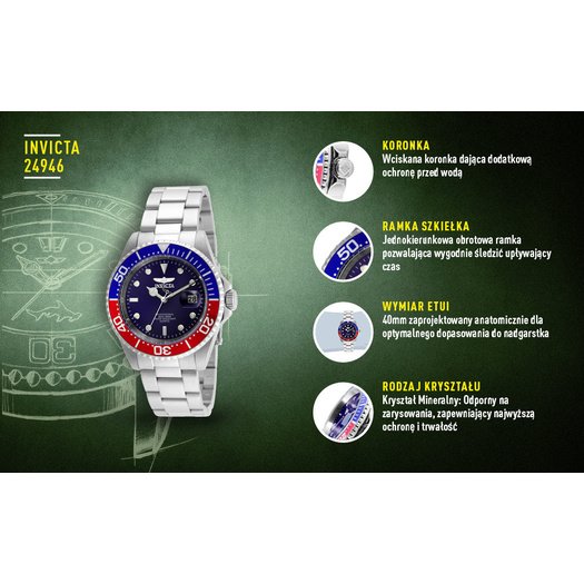 ZEGAREK MĘSKI INVICTA PRO DIVER 24946 - WR200, koperta 40mm (zv010b)