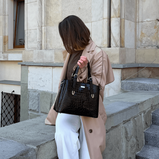 Elegant Leather Tote Shoulder Bag Solier FL45 Veloria &ndash; Black 3