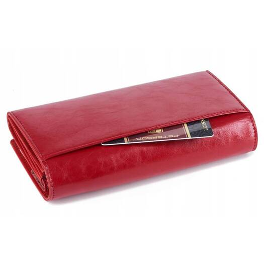 Czerwony skórzany portfel damski z klapką - Peterson