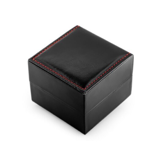 Dovanų dėžutė laikrodžiui  - eko oda juoda su raudonu blizgiu siūlu