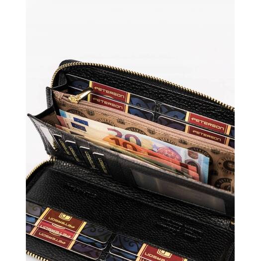 Duży skórzany portfel damski typu piórnik z paskiem na nadgarstek - Peterson