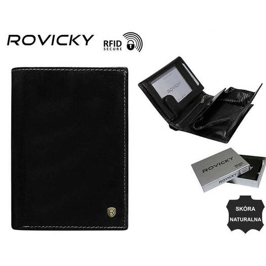 Klasyczny portfel męski ze skóry naturalnej z miejscem na dowód rejestracyjny, RFID - Rovicky