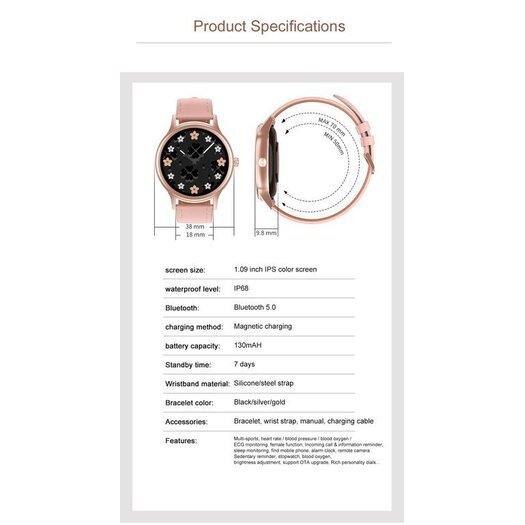 Išmanusis laikrodis moterims PACIFIC 18-1  + Papildoma apyrankė: Rožinis auksas / Rožinė (zy697a)